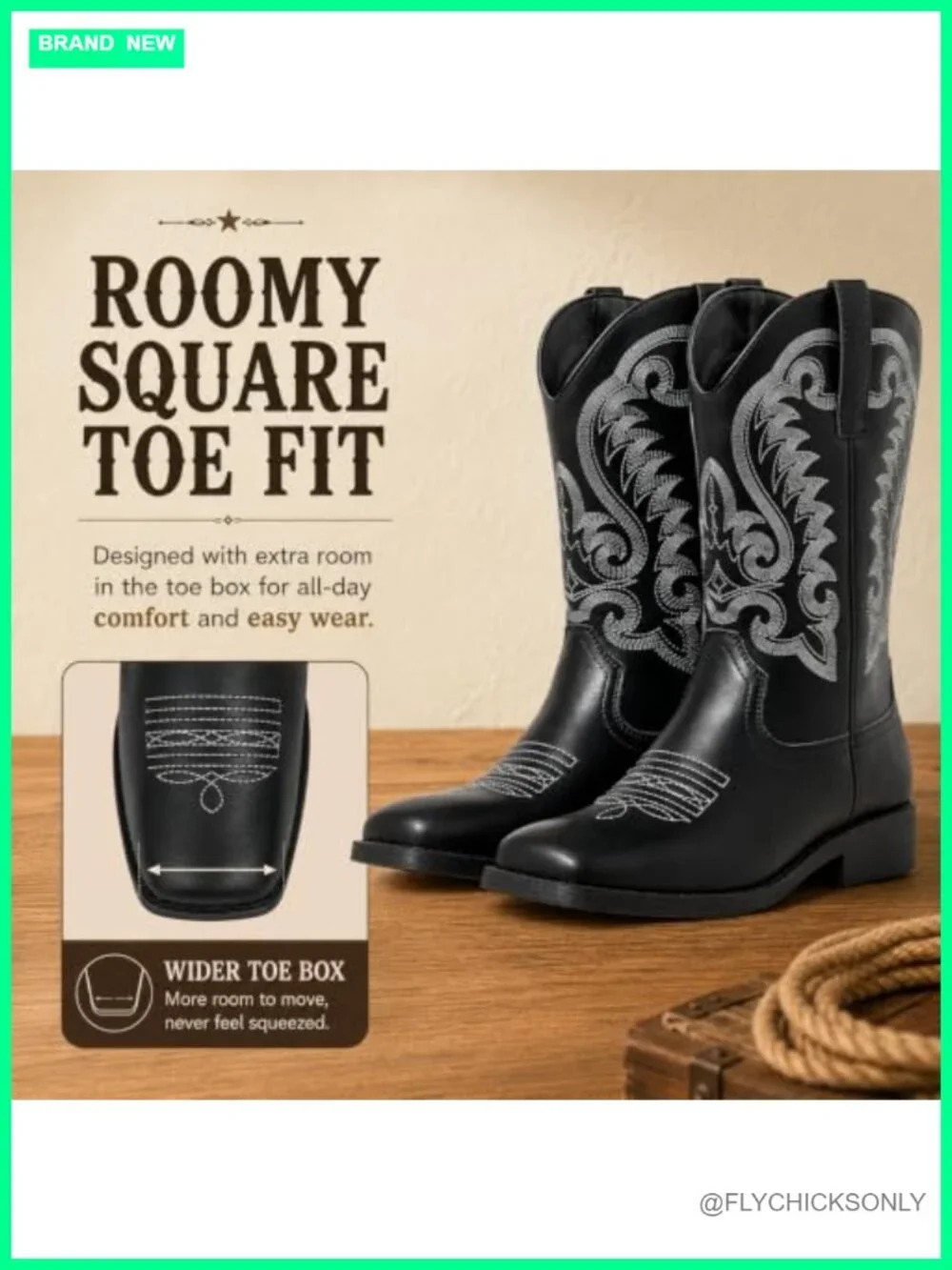 Square Toe Cowgirl Boots Embroidered Western Mid Calf Pull On Faux Leather